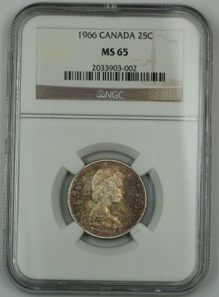 1966 Canada Silver Quarter 25c Ngc Ms - 65 Gem Coin Toned Akr photo