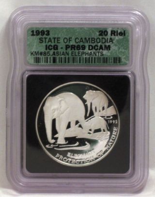 Cambodia 1993 20 Riels Icg Pr69 Dcam Elephants 999 Silver Coin Ede6 - 08 photo