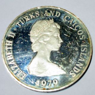 1979 Sterling Silver Turks & Caicos Elizabeth Ii 10 Crowns Coin photo
