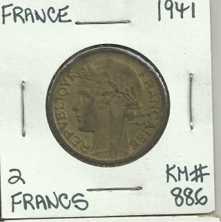 1941 France 2 Francs Coin Aluminum Km 82 photo