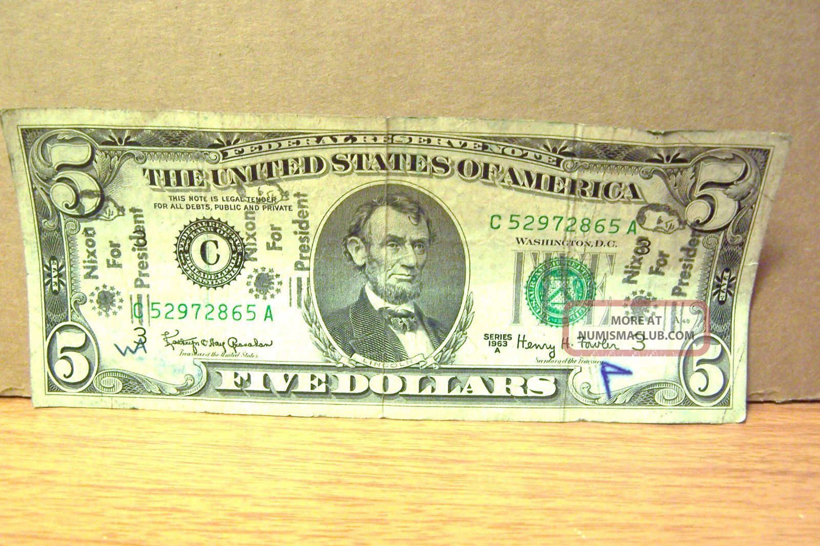 Unusual 1963a Series $5 Five Dollar Bill Currency W/ President Nixon Stamp