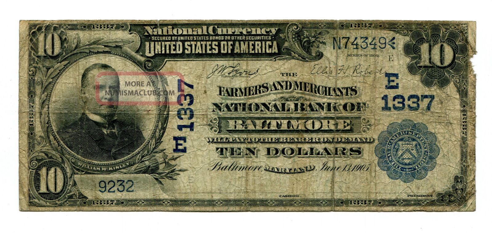 1902 $10 Nat.  Bank Note Farmers & Merchants National Bank Baltimore Md 1337 Paper Money: US photo
