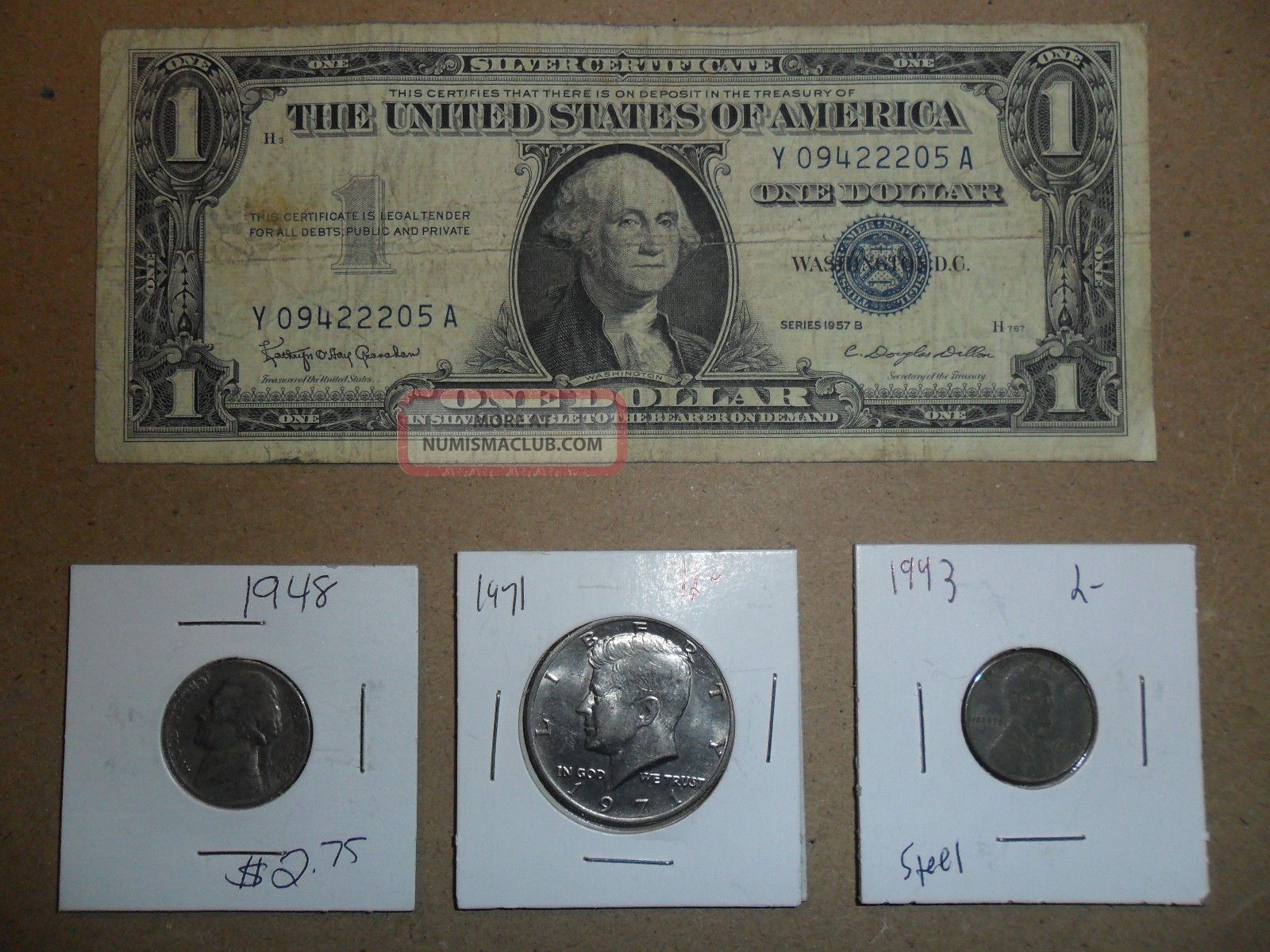 1957b Silver Certificate 1943 Lincoln 1c 1971 Kennedy 50c 1948