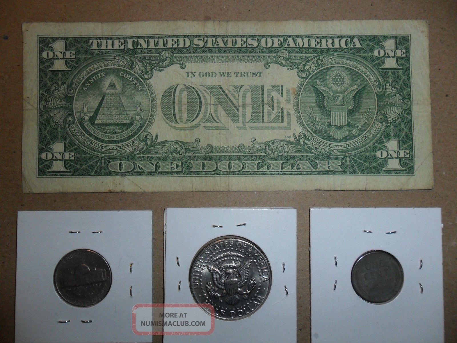 1957b Silver Certificate 1943 Lincoln 1c 1971 Kennedy 50c 1948