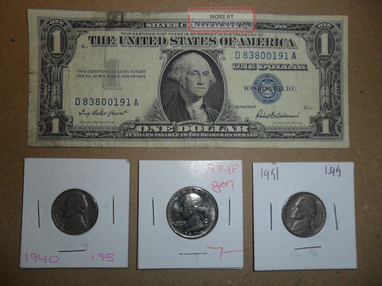 1957 Silver Certificate 1940 51 Jefferson Nickels 1974 Washington