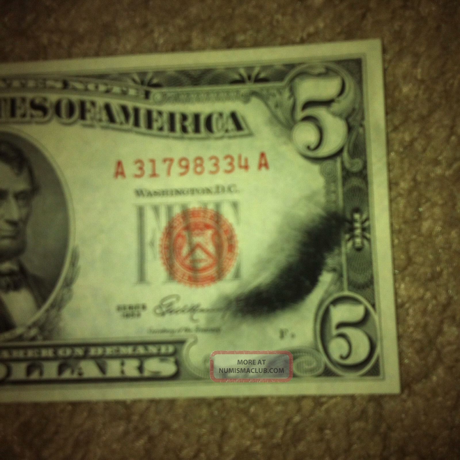 $5 Red Seal United States Note With Rare Inking Smear Error On Right ...