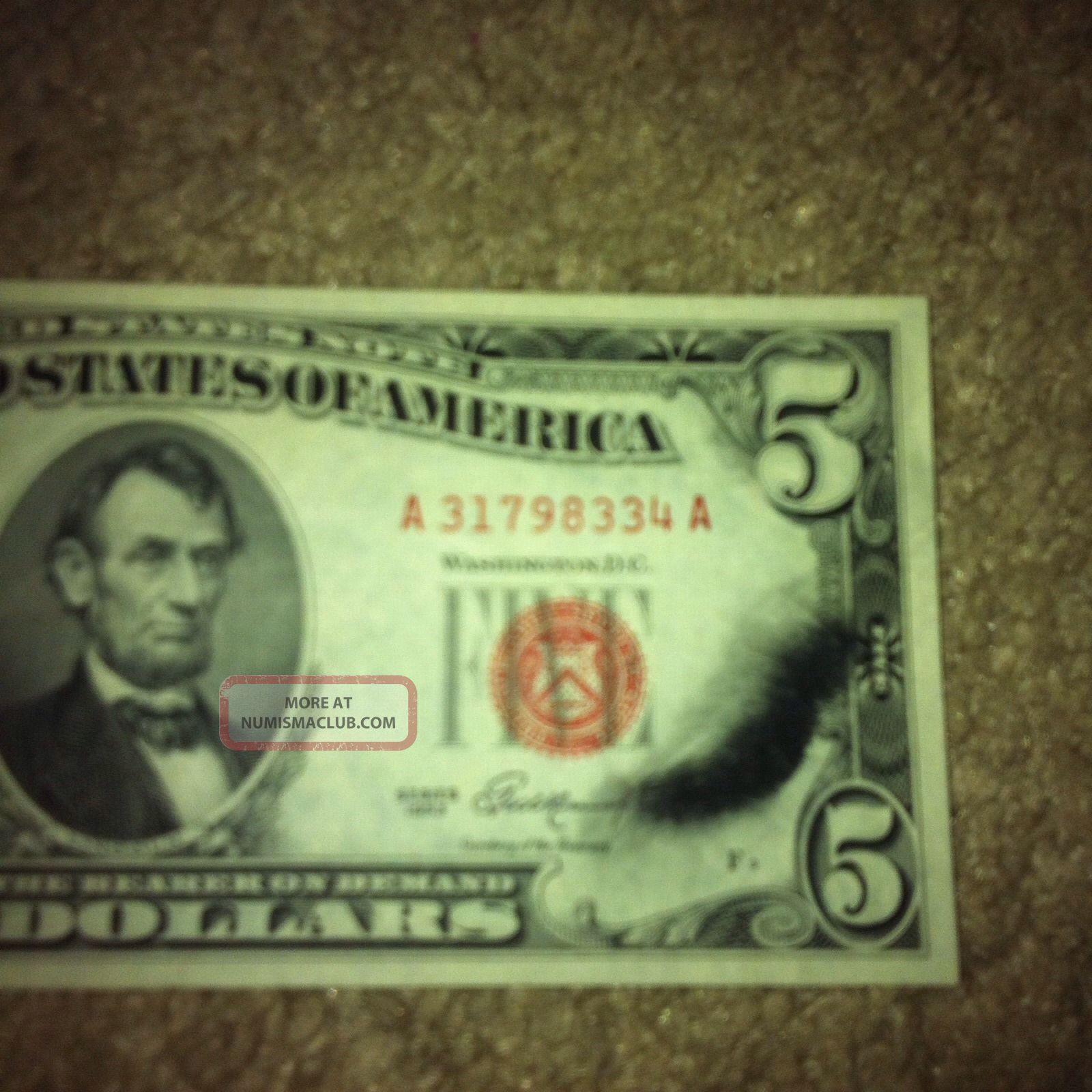 $5 Red Seal United States Note With Rare Inking Smear Error On Right ...