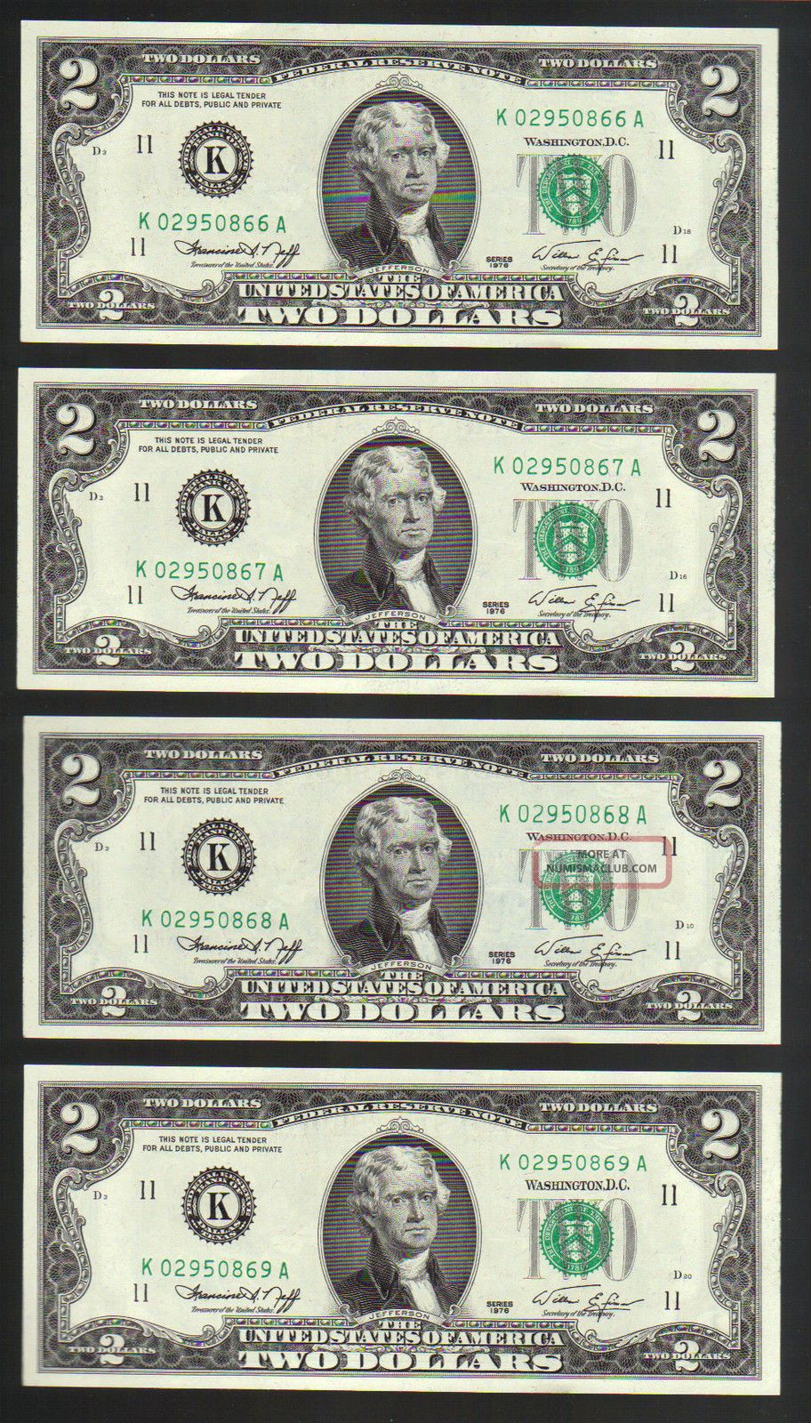 1976 $2 Green Gorgeous Crisp Uncirculated 4 Consecutive Dallas Tx Two Dollars Small Size Notes photo