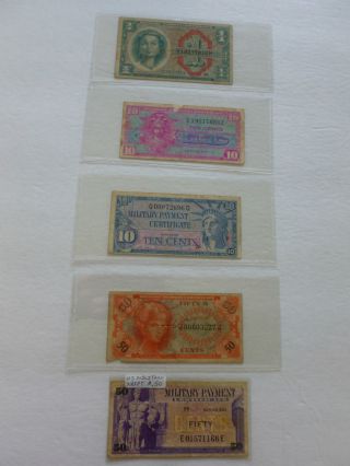 (5) Military Payment Certifiicates 10c - $1.  00 (1954 - 1970) Circulated photo