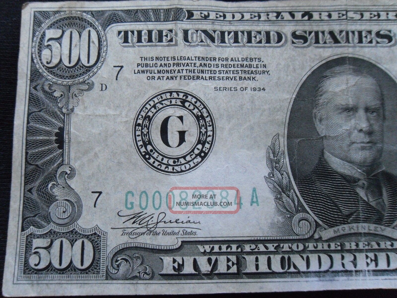 $500 1934 Chicago Frn Julian/morgantheau Signatures Small Size Notes photo