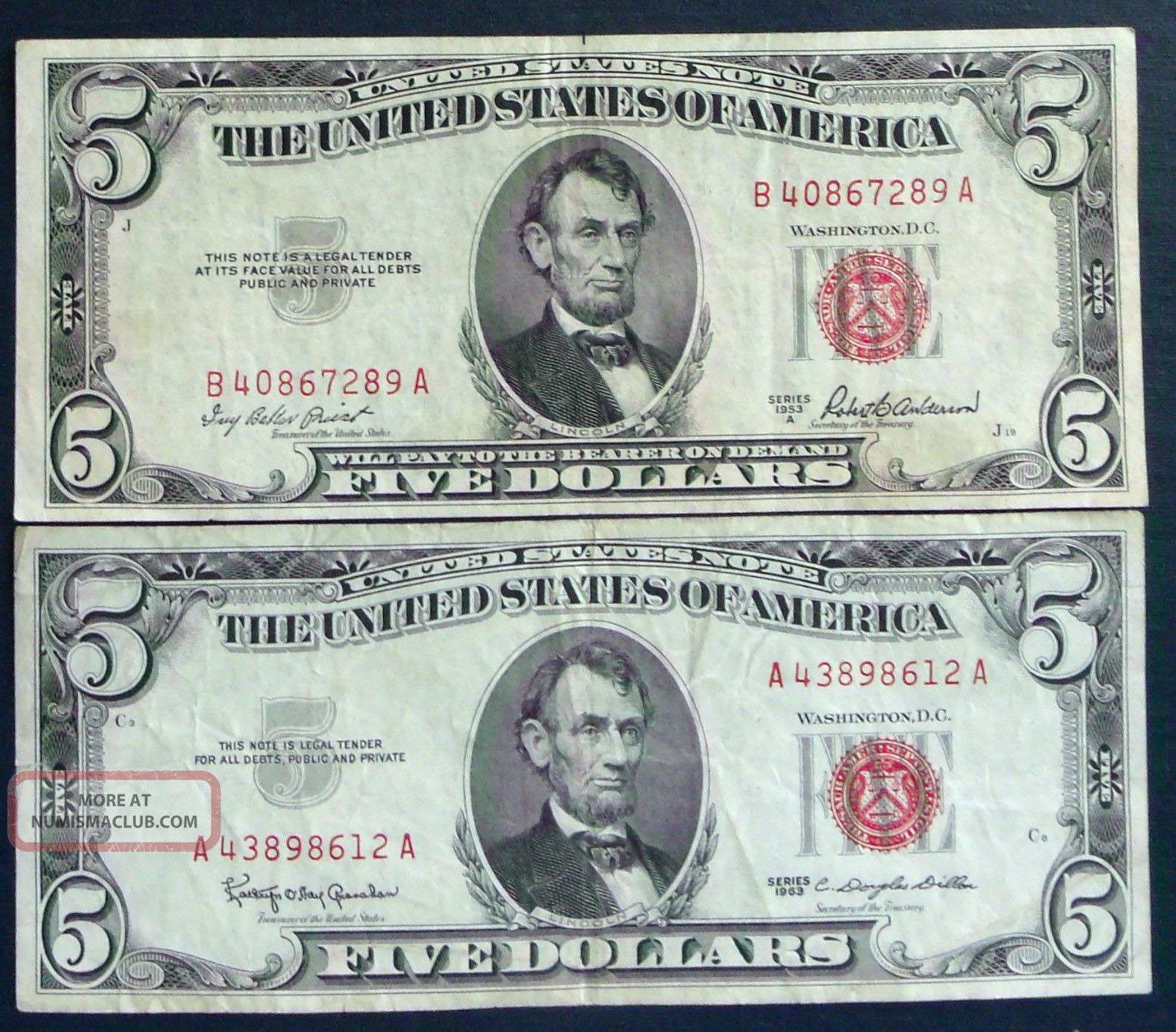 One 1953a $5 & One 1963 $5 Red Seal United States Note (a43898612a)