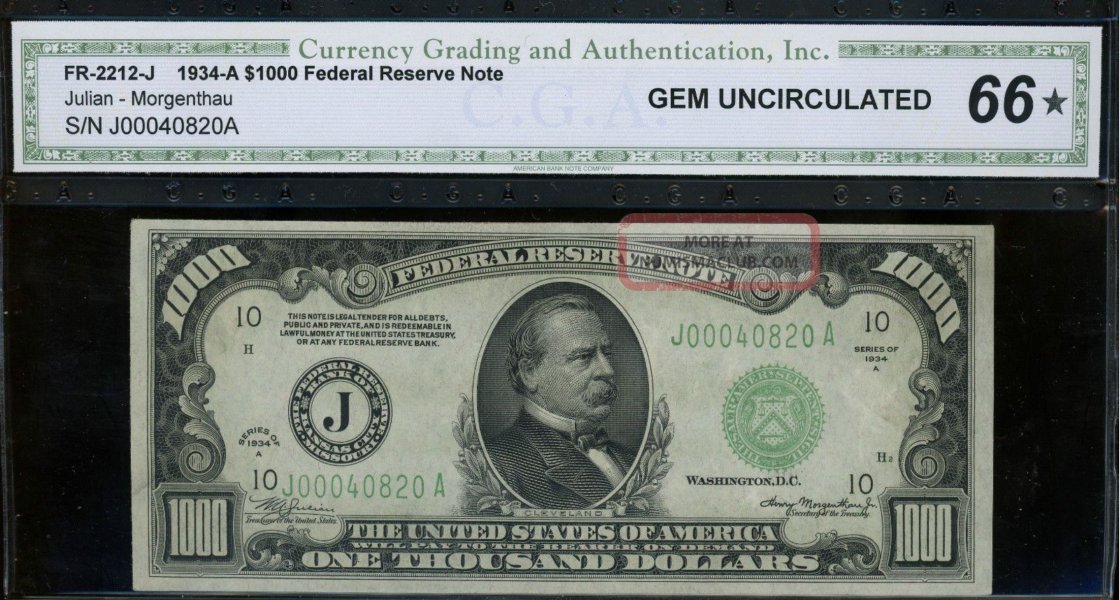 $1000 1934a Kansas City Cga Gem 66 Rare Gem Beauty Small Size Notes photo