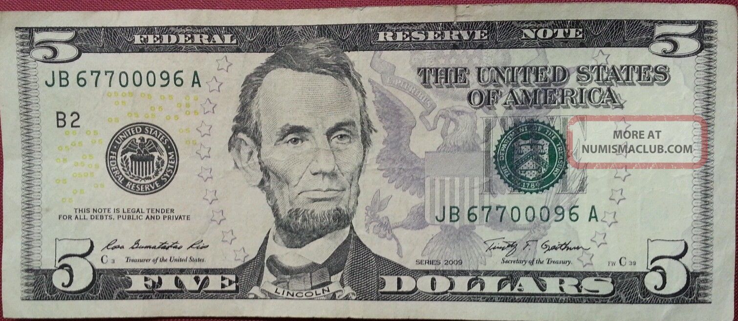 2009 $5 Five Dollar Bill. Fancy Repeating Serial Number 67700096 ...