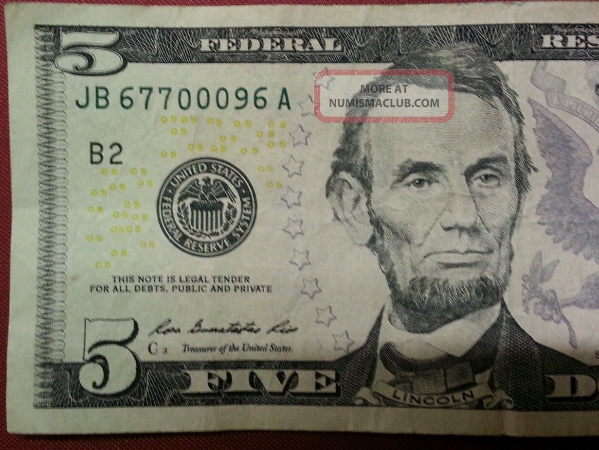 2009 $5 Five Dollar Bill. Fancy Repeating Serial Number 67700096 ...
