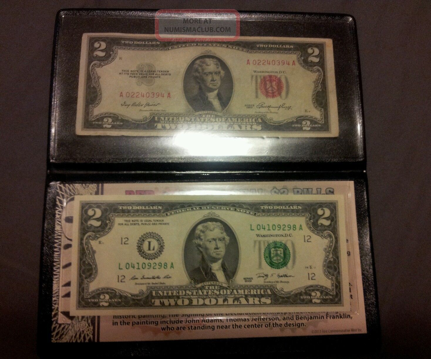 1953 $2 Red Seal Note And 2009 $2 Green Seal Note With Small Size Notes photo