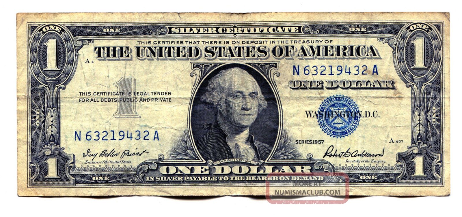 1957 A Series Blue Seal Us Silver Certificate $1 N63219432a