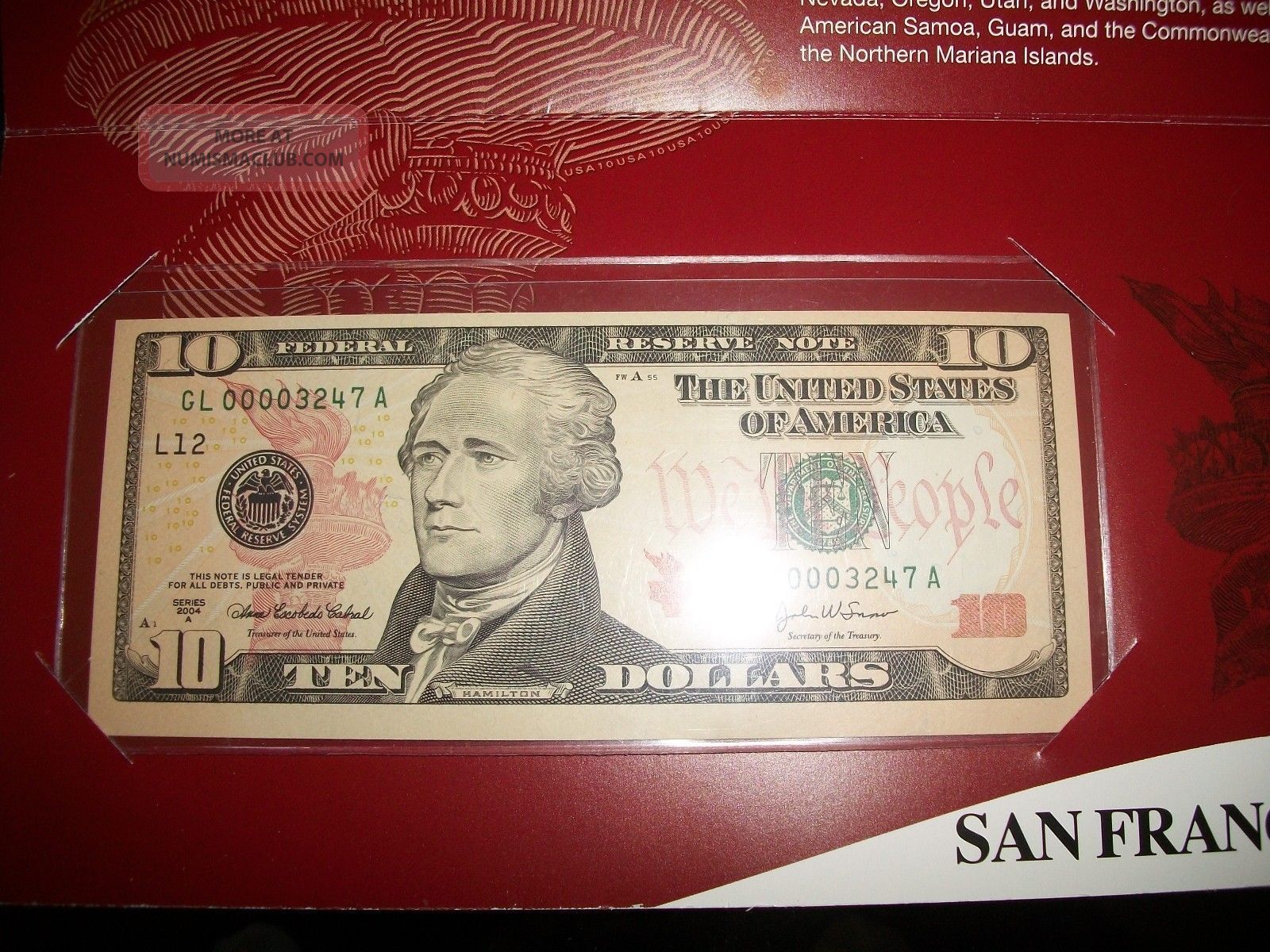 Us Federal Reserve $10 Note Extremely Low Serial Number Gl 00003247 A ...