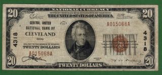 {cleveland} $20 Central United National Bank Of Cleveland Ohio Ch 4318 Vf photo