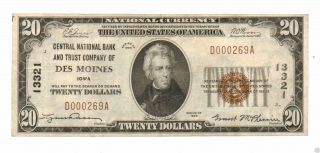 1929 $20 Des Moines Iowa National Currency Bank Note 13321 S/n D000269a photo