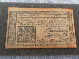 Reproduction Of Colony Of Jersey 1776 Eighteen Pence Note photo