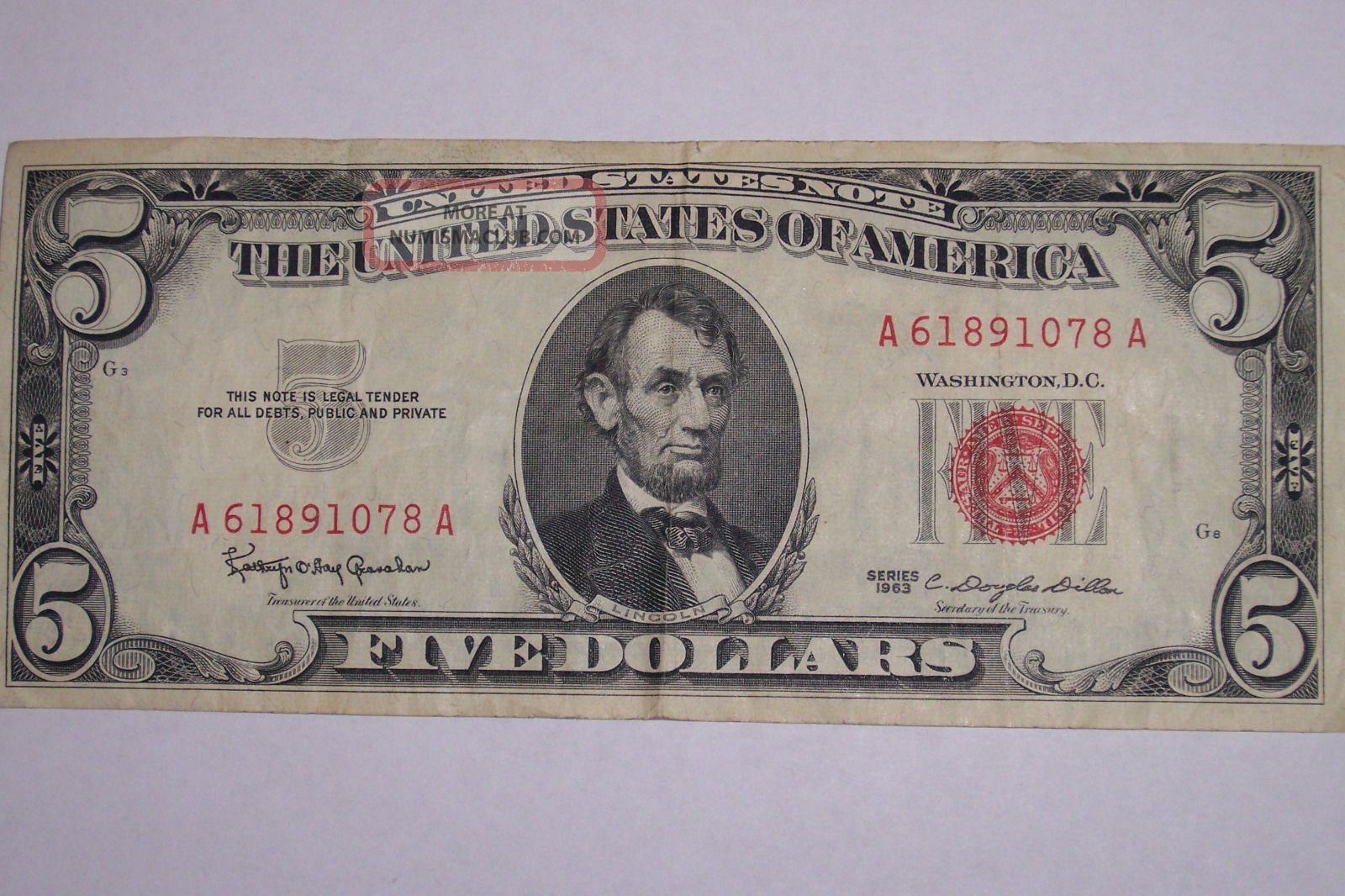 U. S. Note $5 Bill 1963 Red Seal Circulated Five Dollars