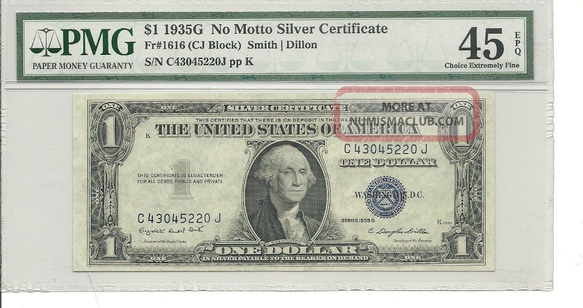 1935g $1 Silver No Motto Silver Certificate Fr 1616 (cj Block) Smith