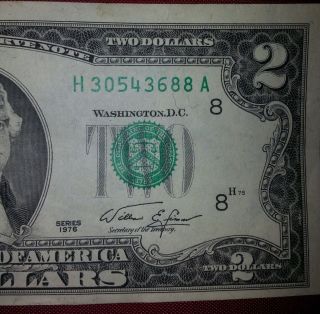 Cu 1976 $2 Two Dollar Bill Error Misaligned Shift Error Frn photo