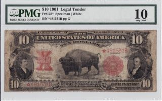 1901 $10 Pmg Vg10 Bison Star Note Large Size Legal Tender Red Seal Currency Rare photo