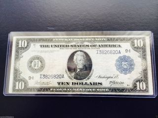 1914 $10.  00 Large Size Federal Reserve Note Minneapolis/burke - Mc - Adoo/ Fr 940 photo