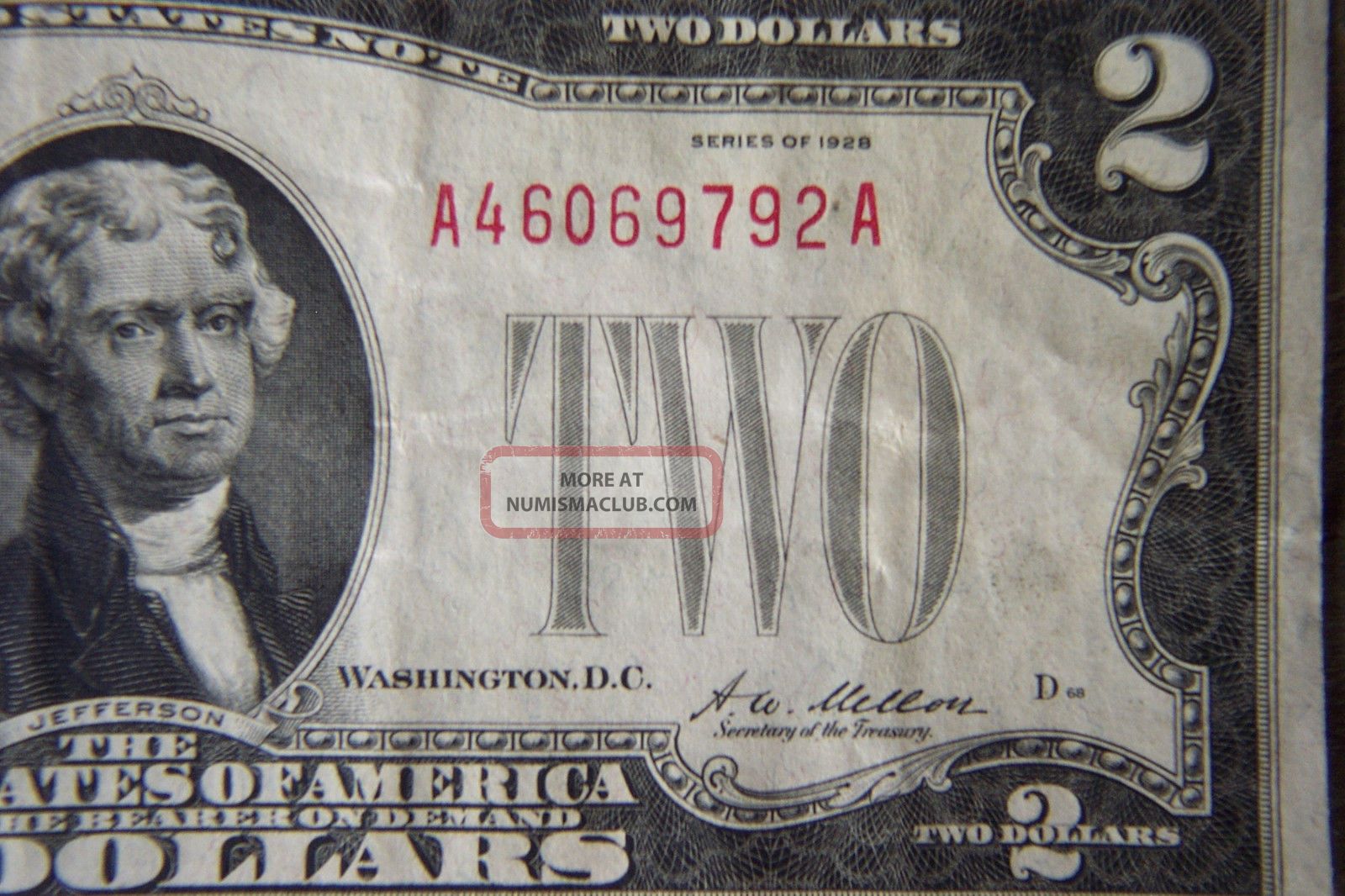 Rare First Year Of Issue Series 1928 Red Seal $2 Dollar Bill. Tate/mellon.