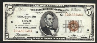 $5 Gem Cu 1929 National Chicago Illinois Old Usa Federal Reserve Bank Note Bill photo