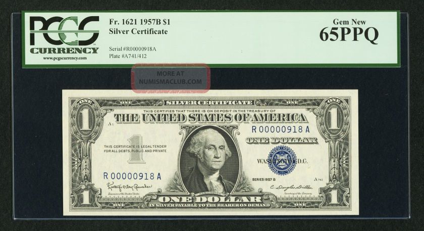 Low Serial Number R00000918a $1 1957b Silver Certificate Pcgs Gem 65ppq