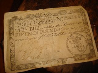 Colonial Paper Money South Carolina 15 Pound 1776 Large Note Rare To Find photo