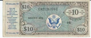 Mpc Series 472 Military Payment Certificate $10 Vf 1948 Currency 376c photo