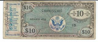 Mpc Series 472 Military Payment Certificate $10 Vf 1948 Currency 538c photo