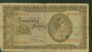 Luxembourg 20 Frang 1943 Banknote Wwii P - 42 Boy With Sickle / Harvesting Hay photo