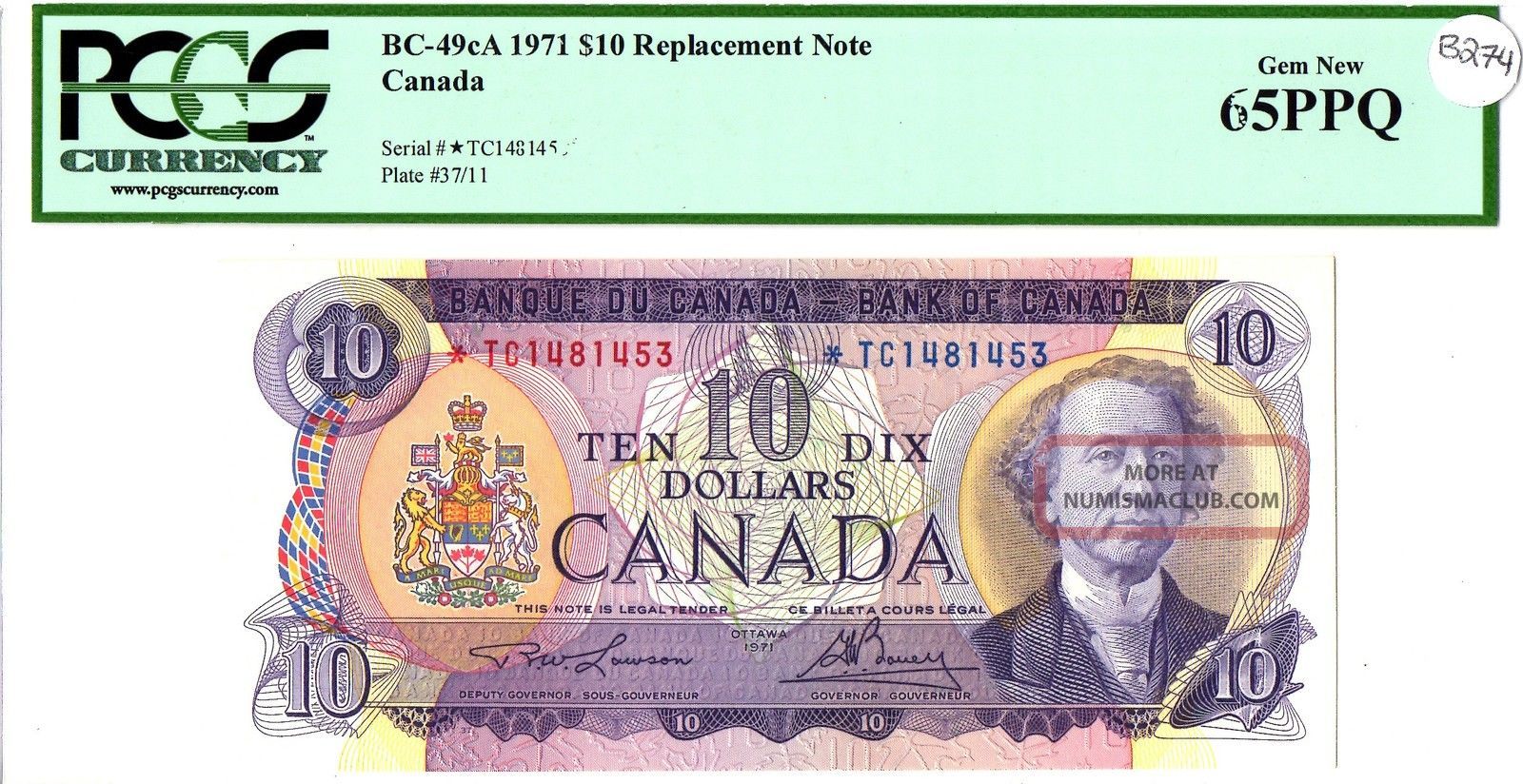 1971 $10 Bank Of Canada Replacement Note, Tc, Bc - 49ca, Gem Unc B274