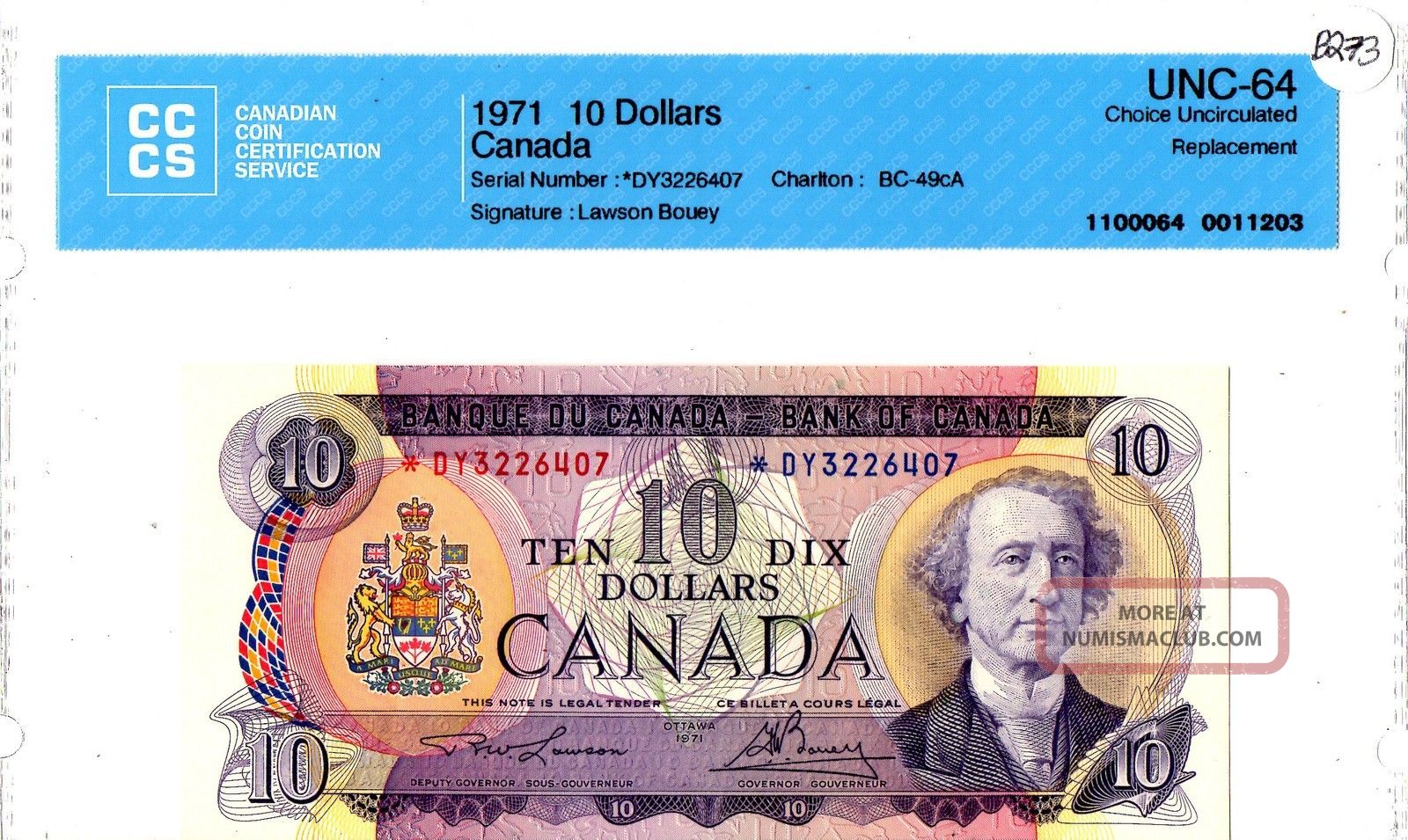 1971 $10 Bank Of Canada Replacement Note, Dy3226407, Choice Unc 64 B273