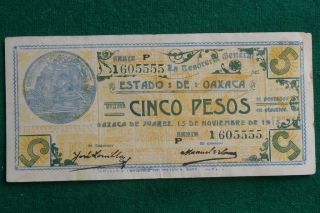 1915 Note 5 Pesos Revolutionary Oaxaca Tesoreria General photo