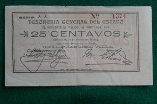 1913 25 Cents Chihuahua Mexico Note Francisco Villa Goverment photo