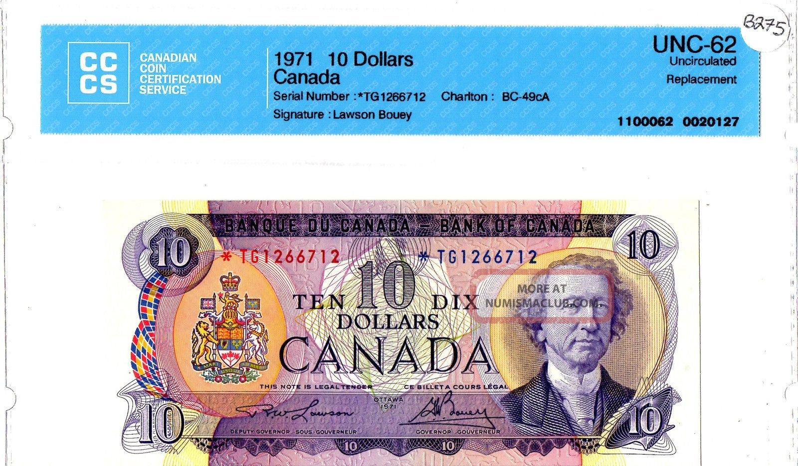 1971 $10 Bank Of Canada Replacement Note, Tg1266712, Bc - 49ca, Unc ...