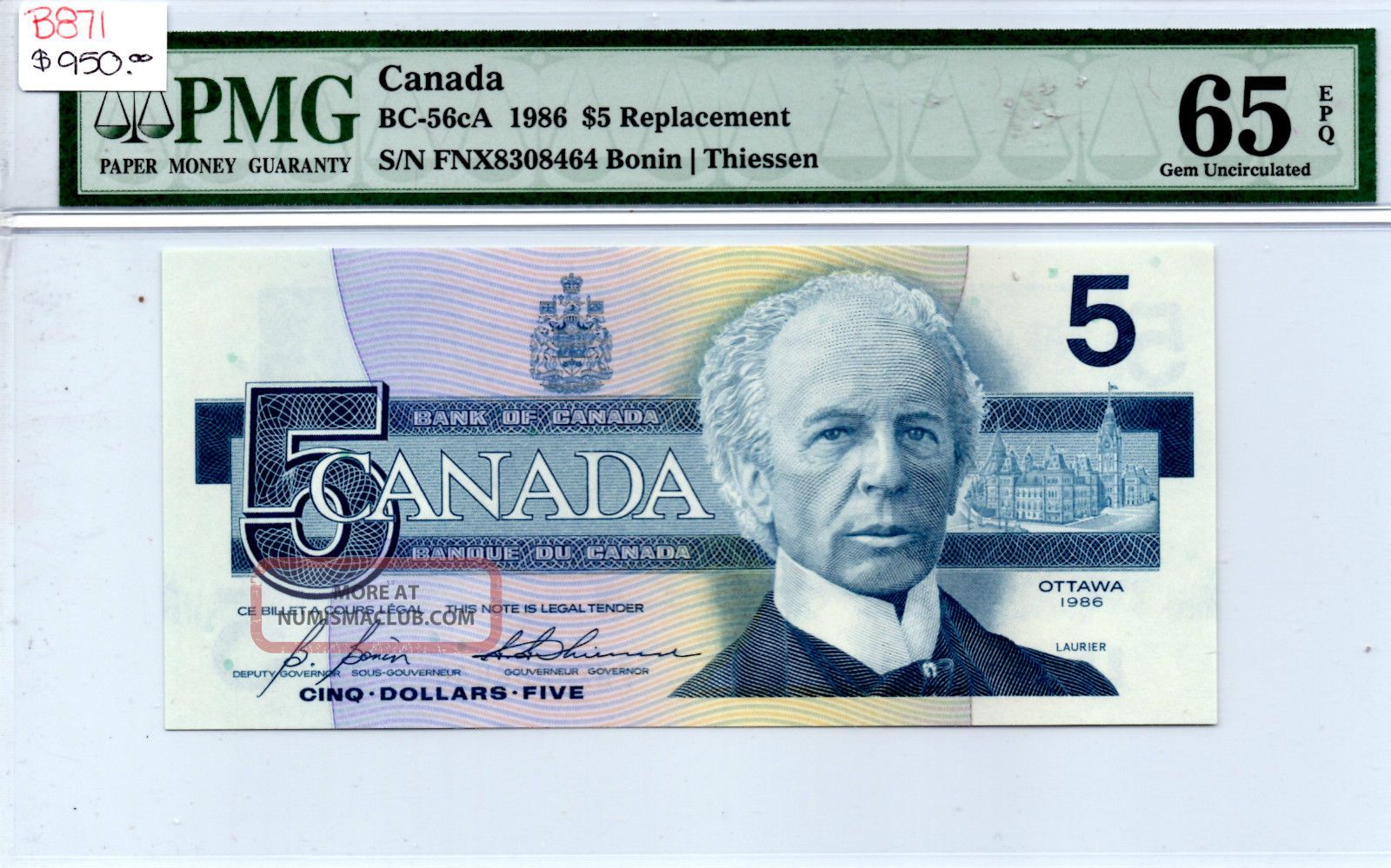 1986 Canada $5 Replacement Note, Fnx, Pmg Graded, Gem Unc - 65, B871