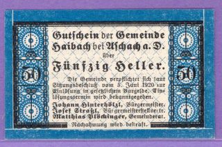 Haibach Bei Aschach Austria Notgeld Single Note B 50 Heller Note B photo