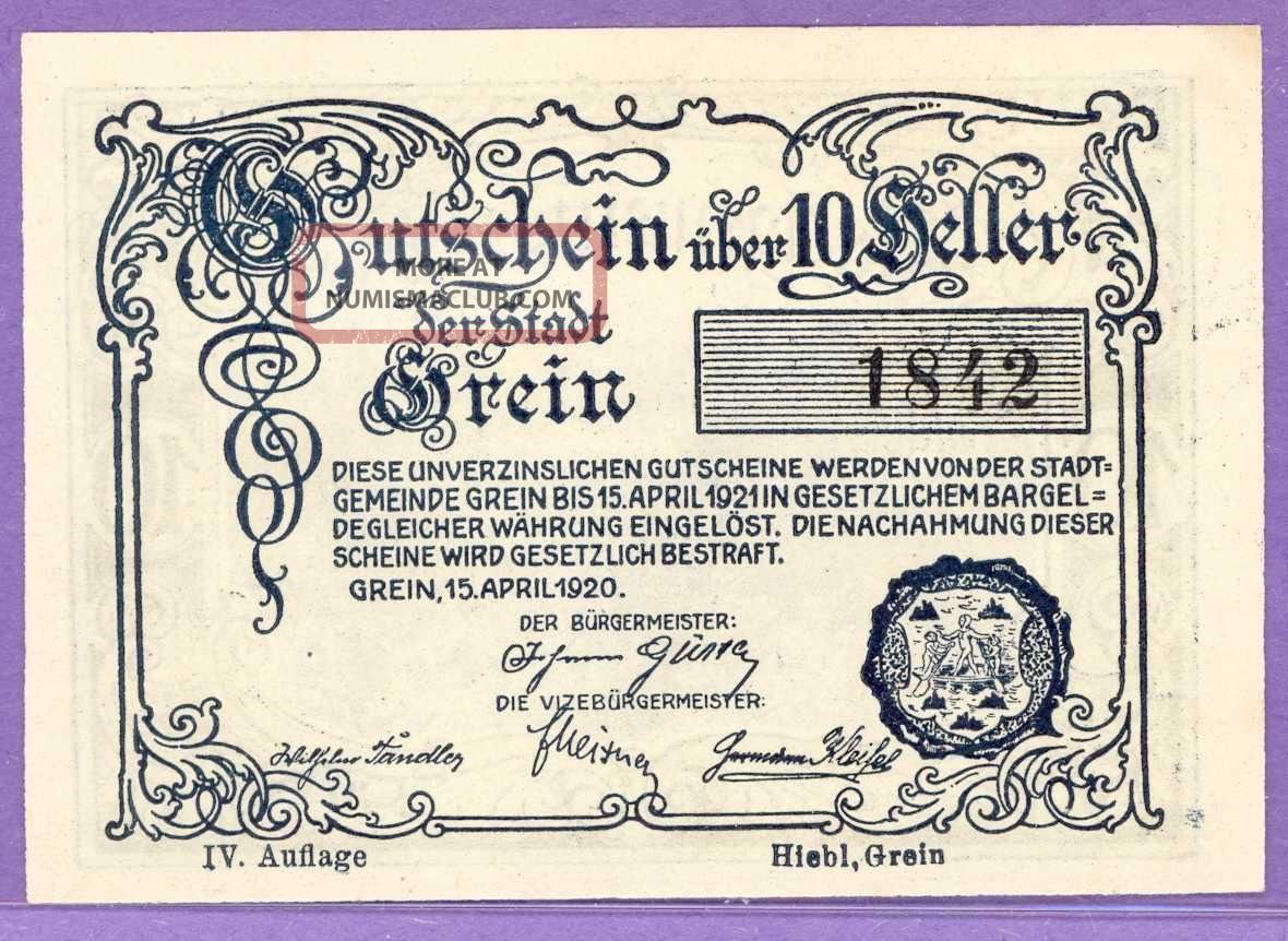 Grein Austria Notgeld Single Note 10 Heller Serial Number 1842
