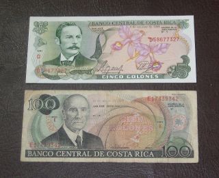 Banco Central De Costa Rica,  5 Cinco Colones,  1989 Now With Bonus Note photo