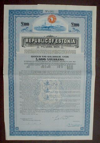 7% Republic Of Estonia 100 Pound Sterling £ Bond To Bearer 1927 Uncanc + Coupons photo