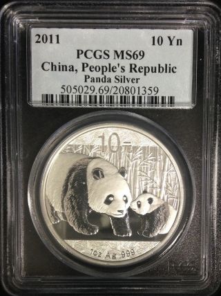 2011 China Panda S10y 1 Oz.  999 Silver Ms 69 Pcgs Cert photo
