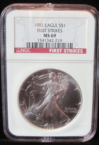 1992 Very Rare First Strike Silver Eagle Near Perfect Grade By Ngc Ms69 Rare photo