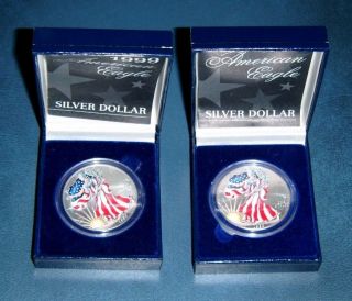 Two (2) 1999 Colorized American Silver Eagles - - 1 Troy Oz.  999 Silver photo
