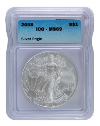 2008 American Silver Eagle Icg Ms69 S$1 Silver photo